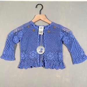 Charabia Paris Girls Blue Crochet Cotton Cardigan Sweater‎ Beaded Size 2A NWT